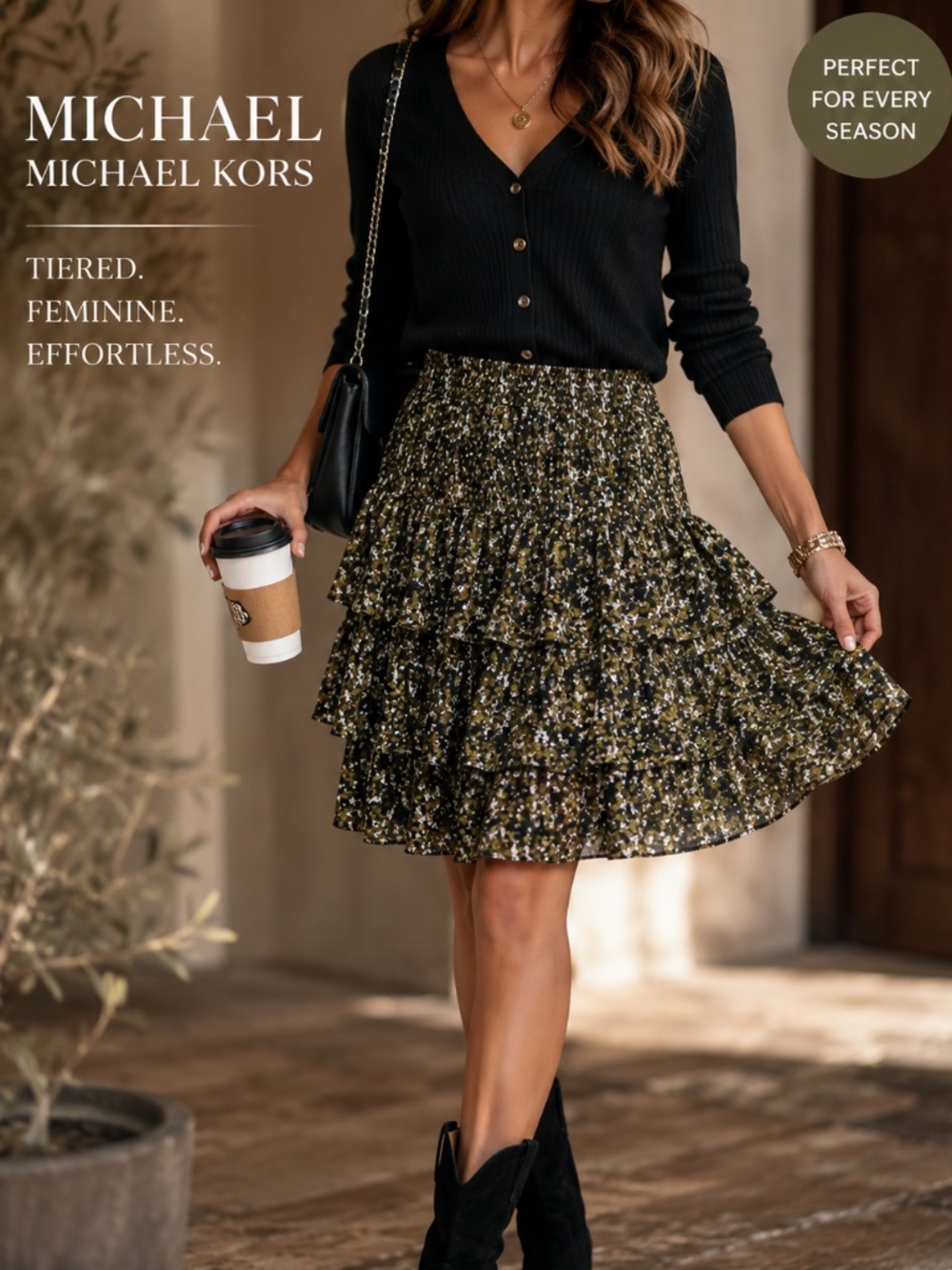 Michael Kors Floral Tiered Ruffle‎ Skirt | Olive Green Black Print | Size Medium